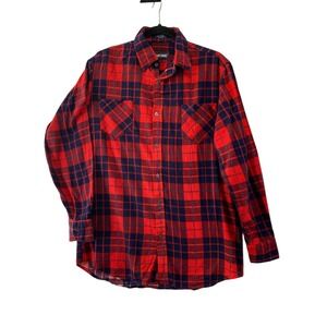 Big Yank Flannel Shirt Men Large Red Navy Blue Plaid Cotton Button Up Long Sleev
